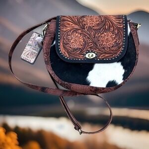 American Darling Messenger Hand Tooled Hair On Genuine Leather Floral Embossed